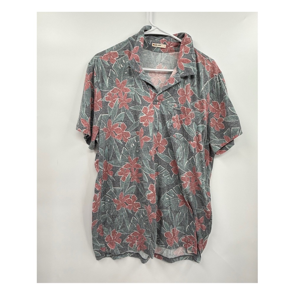 Marine Layer Large Polo Shirt Mens Gray Tropical Floral Knit Short Sleeve Pocket
